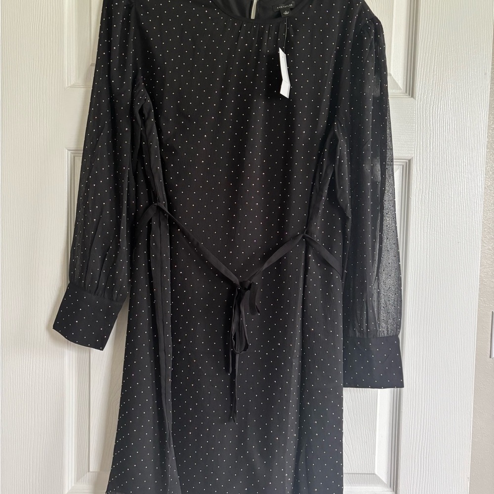 New! Ann Taylor Black and White Sheath Dress with Mock Neck and Bishop Sleeves